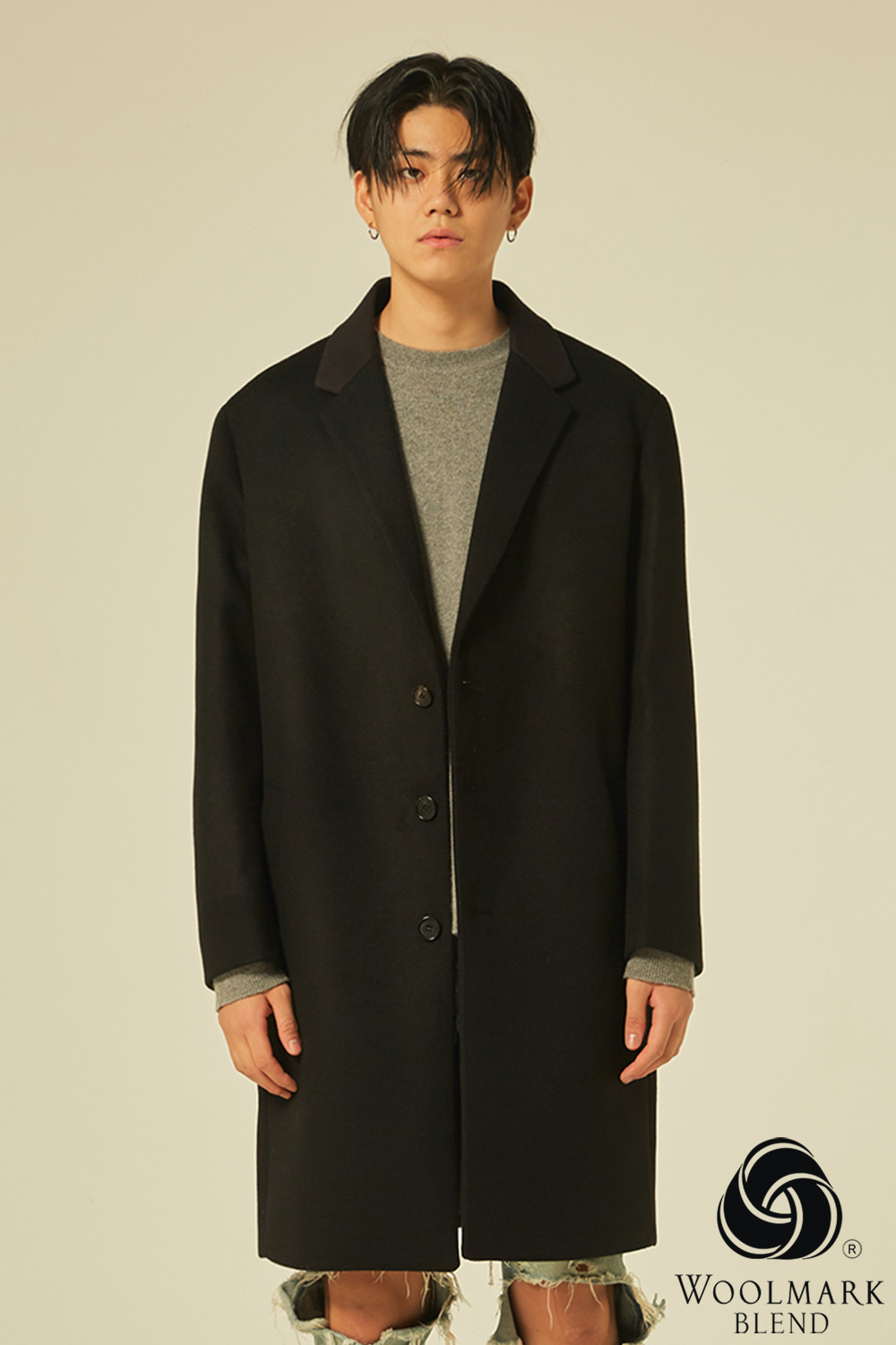 Oversize Single Coat (Black)<br>[Cashmere 15%]