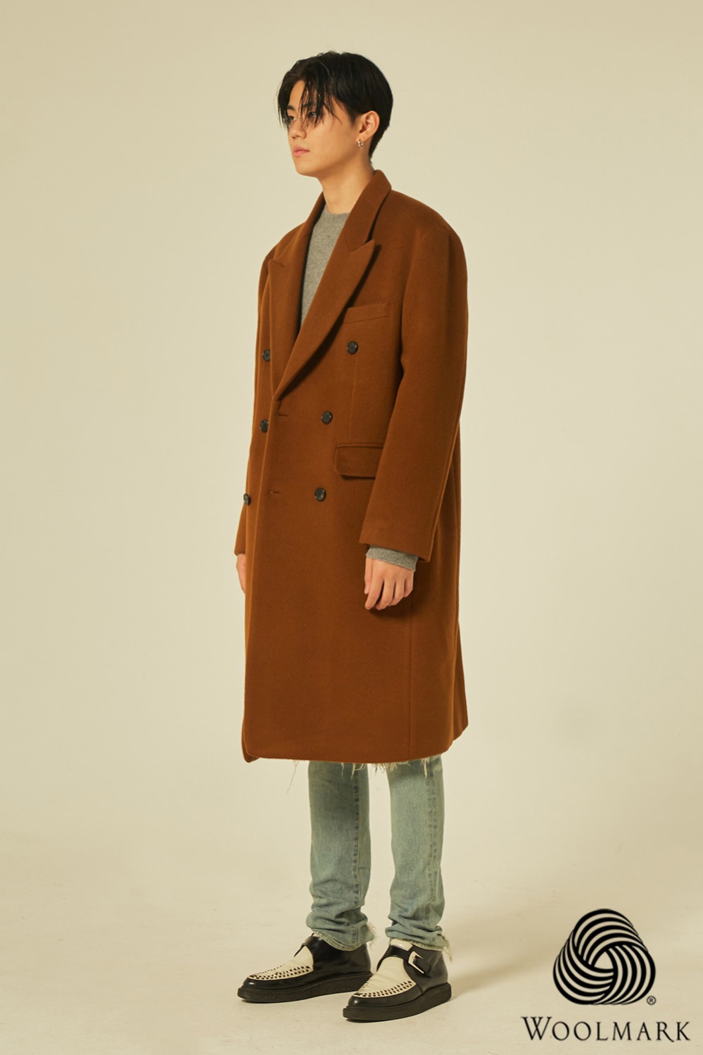 Wool 100% Peaked Double Coat (Brown)